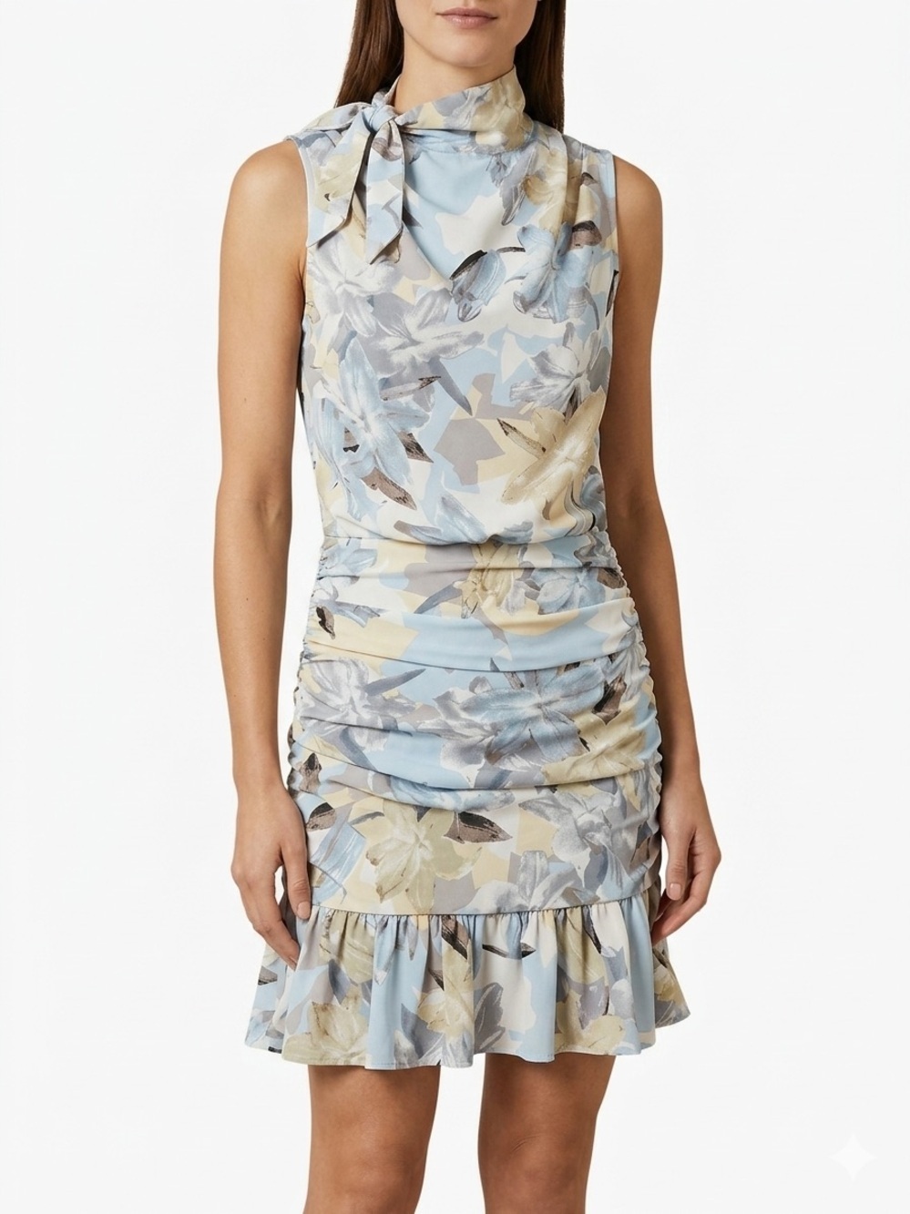 TCEC Blue Floral Ruched Cowl Neck Mini Dress Size M